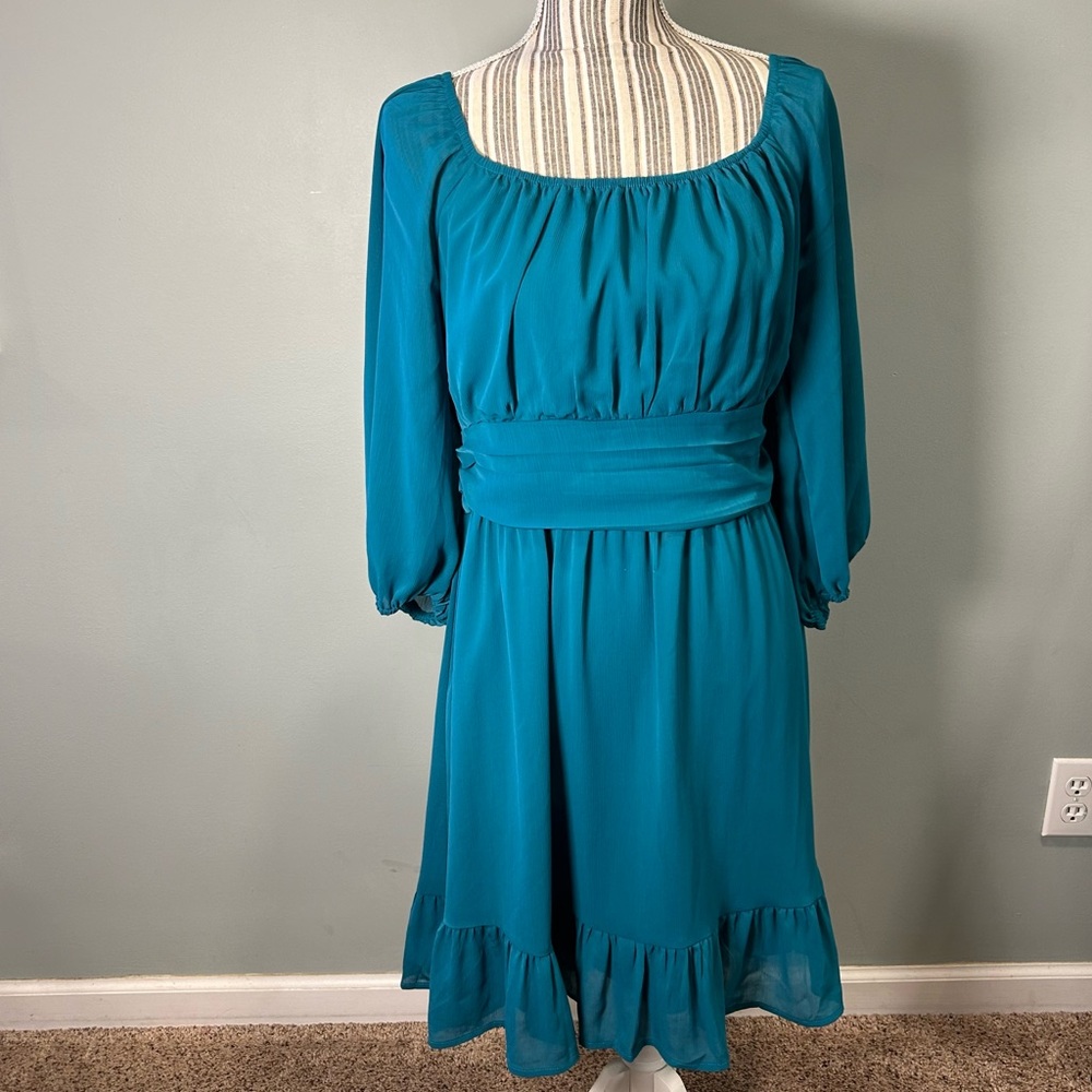Teal Blue Green Smocked Waist Tie Back Cutout Midi Dress XL